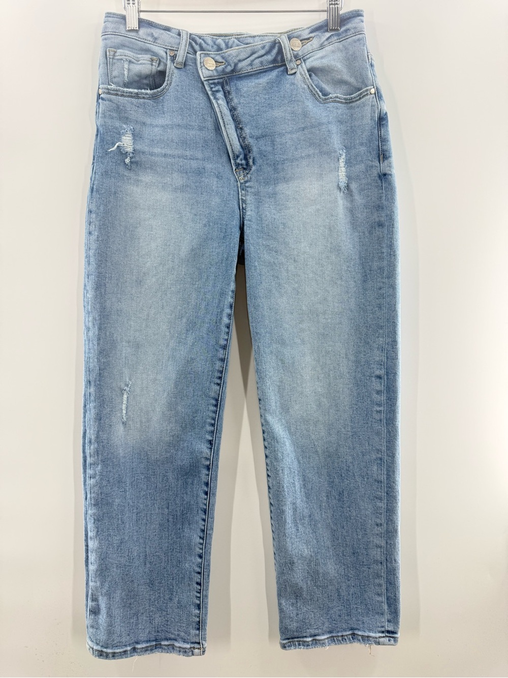 Risen Straight Leg Ankle Jeans Asymmetrical Zipper Light Wash Preppy Size 30 - Picture 2 of 10